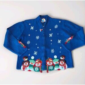 Tiara International Cardigan Sweater Womens Medium Blue Christmas Snowmen Ugly